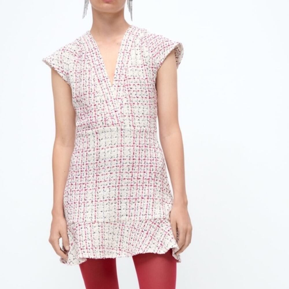 Zara pink tweed mini dress fit n flare short sleeve size large NWT new